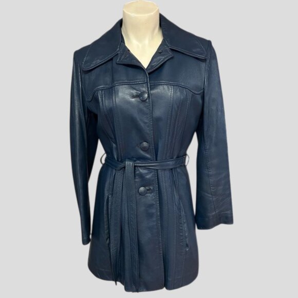 Vintage Emsleigh Royal Custom Blue Leather Long Belted Jacket 1970's - Picture 1 of 16